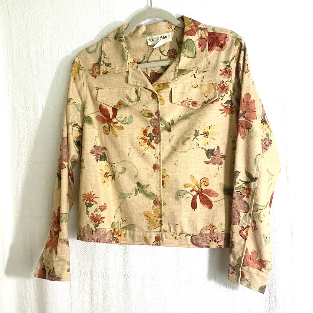 NICOLE MARIE WOMENS 5 BUTTON LINEN JACKET SZ SMALL  TAN W/MULTI FLORAL PATTERN {